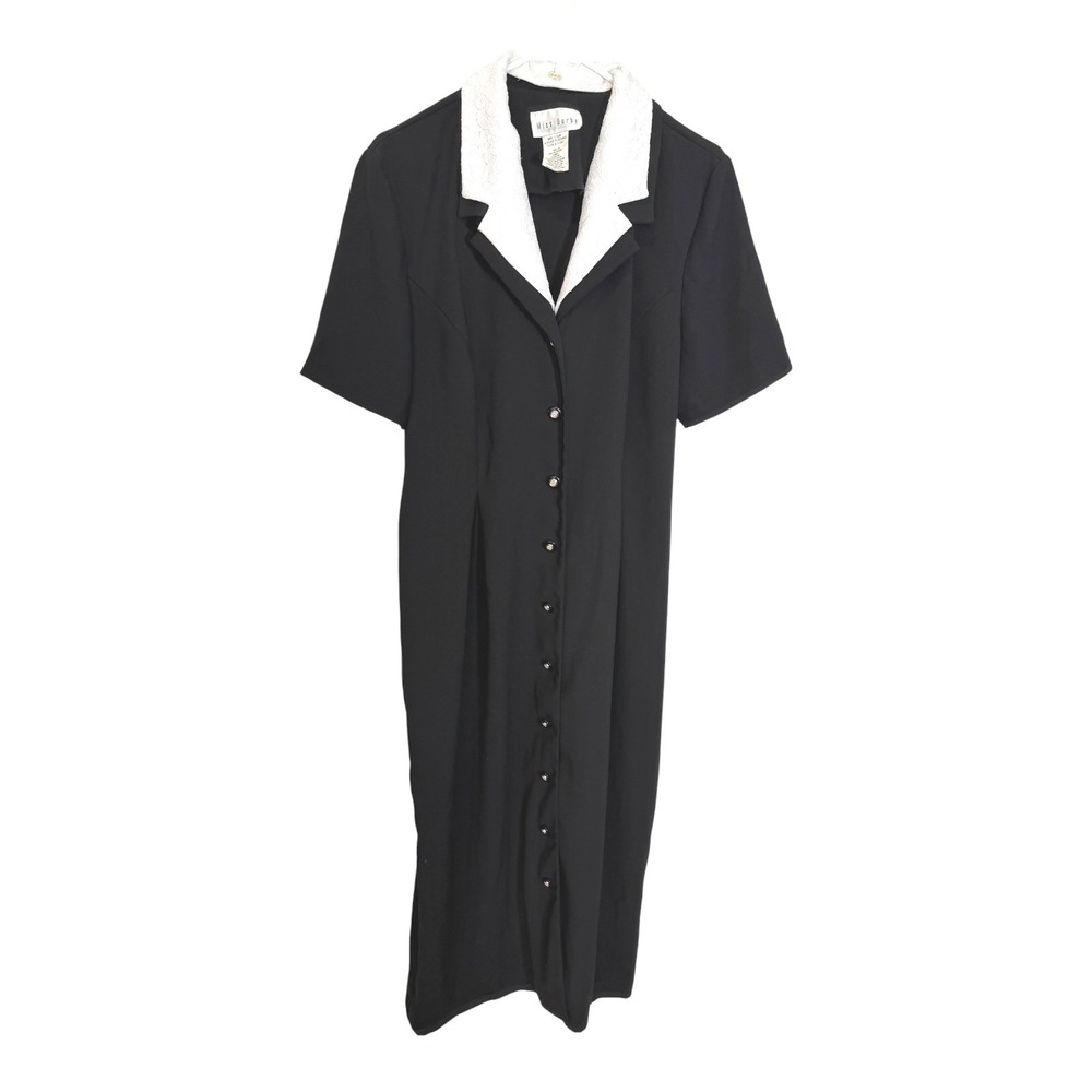 Miss Dorby 16 Black Button Down Lace Collar Midi Dress Short Sleeve Academia